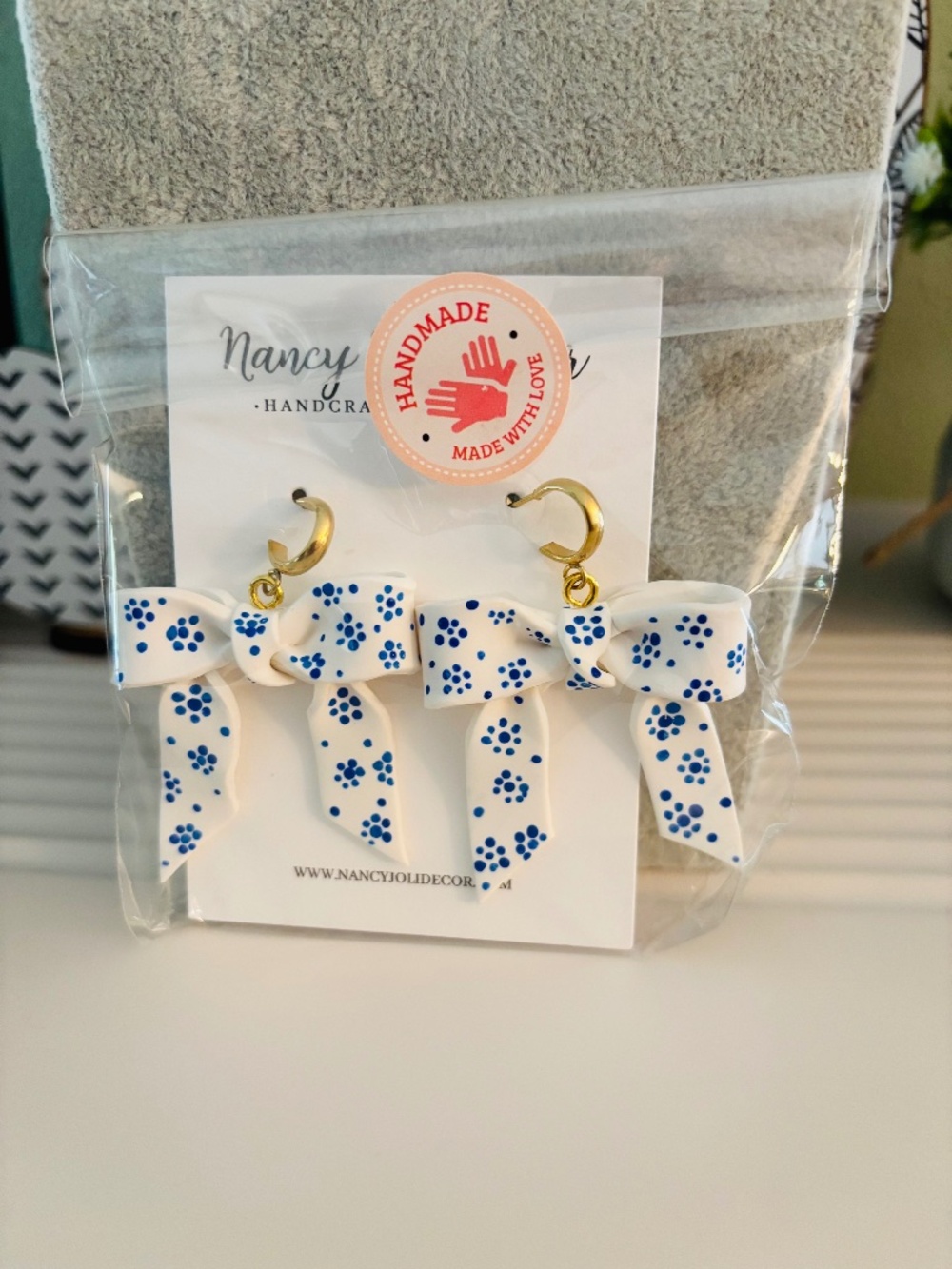 Polymer Clay Blue Floral Bow Earrings